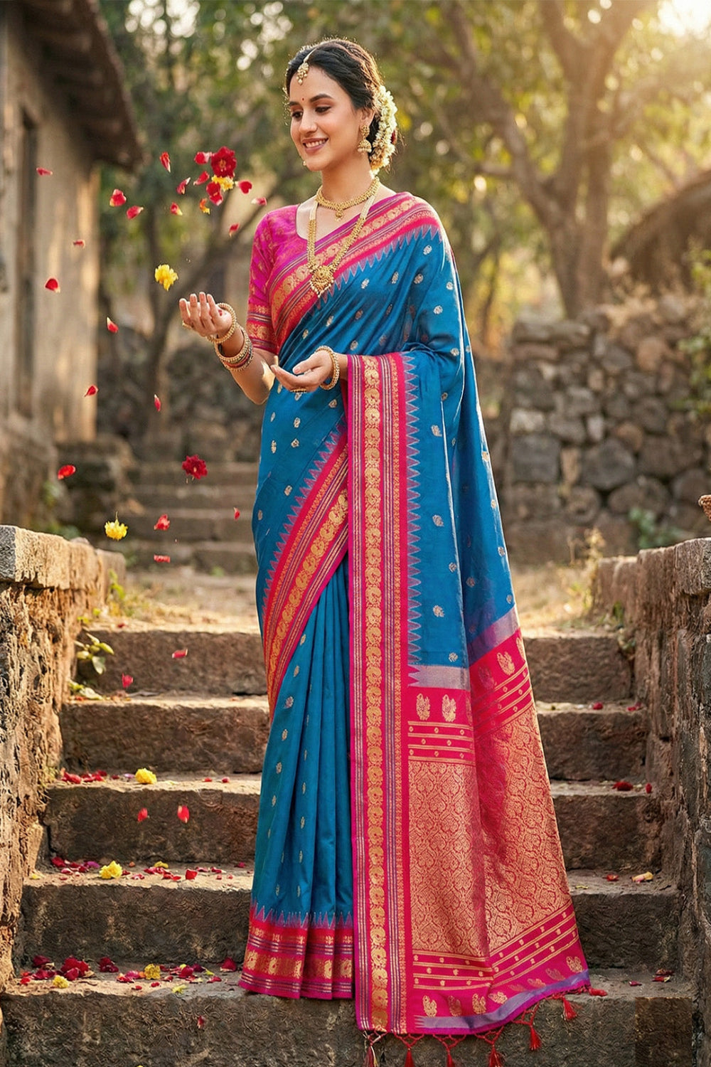 Teal Blue Silk Saree with Pink & Gold Zari Border