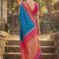 Teal Blue Silk Saree with Pink & Gold Zari Border