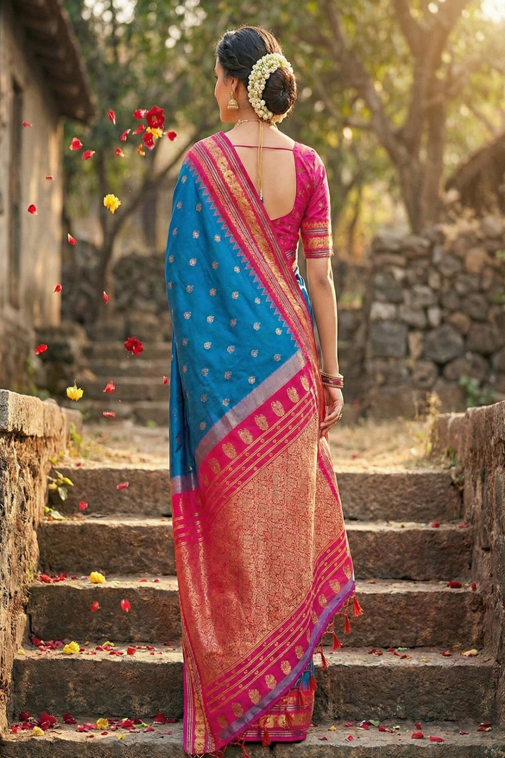 Teal Blue Silk Saree with Pink & Gold Zari Border