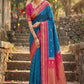 Teal Blue Silk Saree with Pink & Gold Zari Border