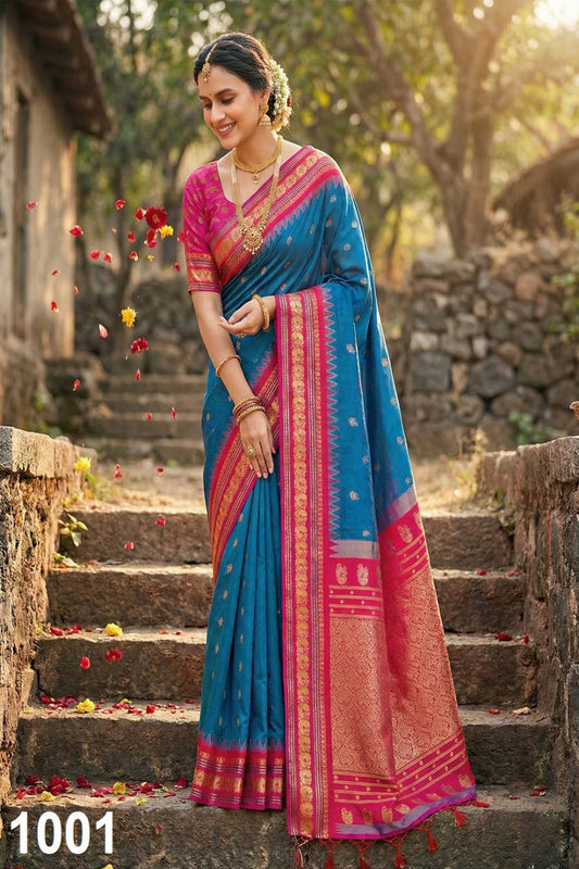 Teal Blue Silk Saree with Pink & Gold Zari Border