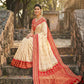 Ivory Cream Traditional Saree with Red Temple Border & Zari Weaving