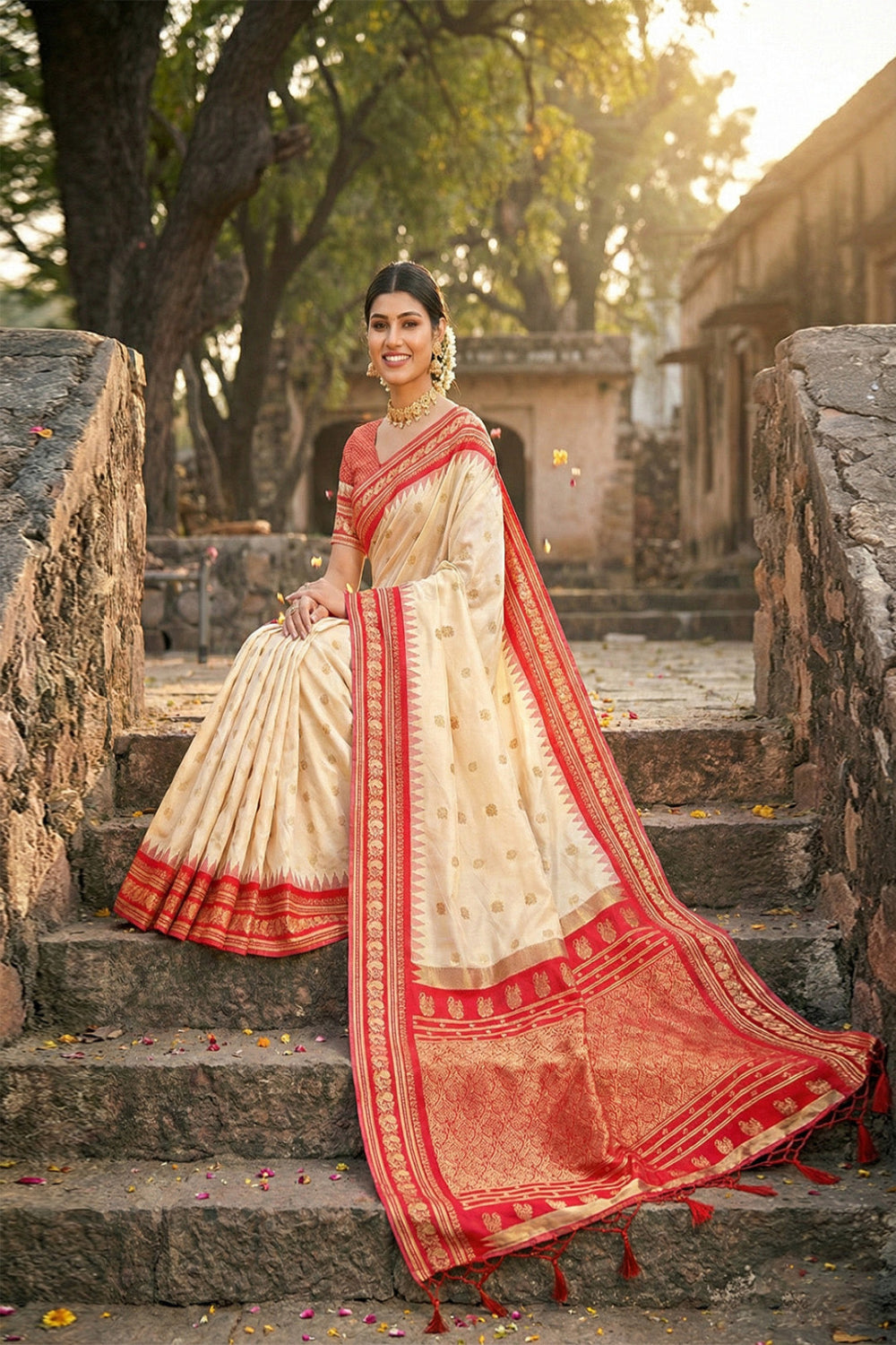 Ivory Cream Traditional Saree with Red Temple Border & Zari Weaving