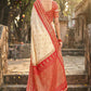 Ivory Cream Traditional Saree with Red Temple Border & Zari Weaving