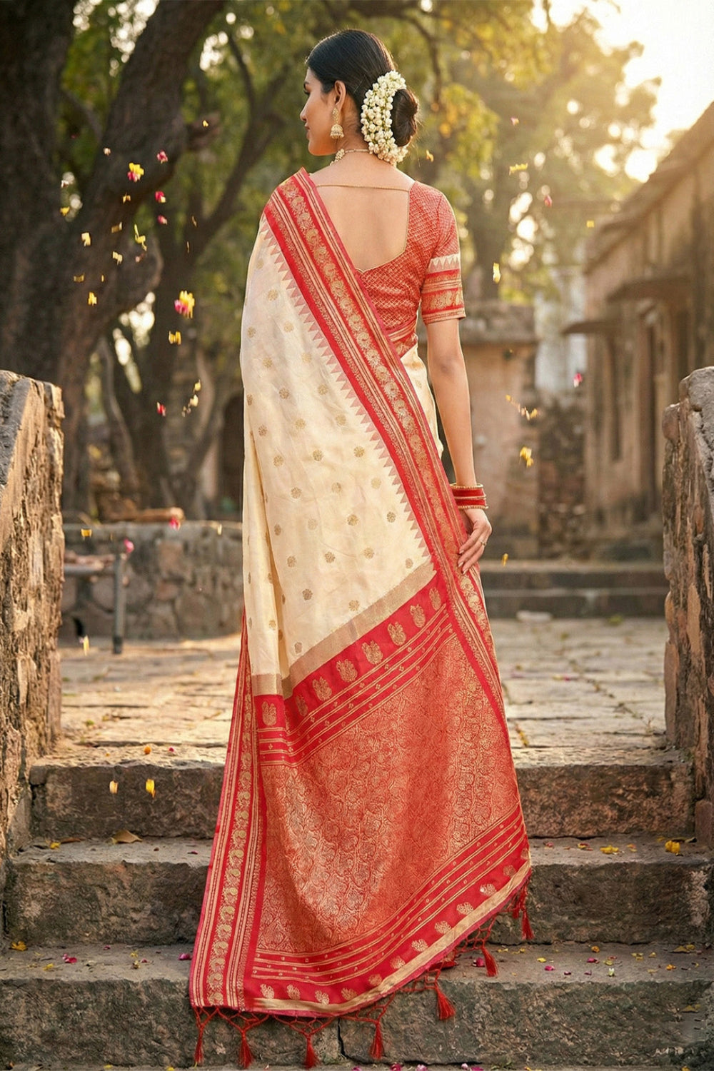 Ivory Cream Traditional Saree with Red Temple Border & Zari Weaving