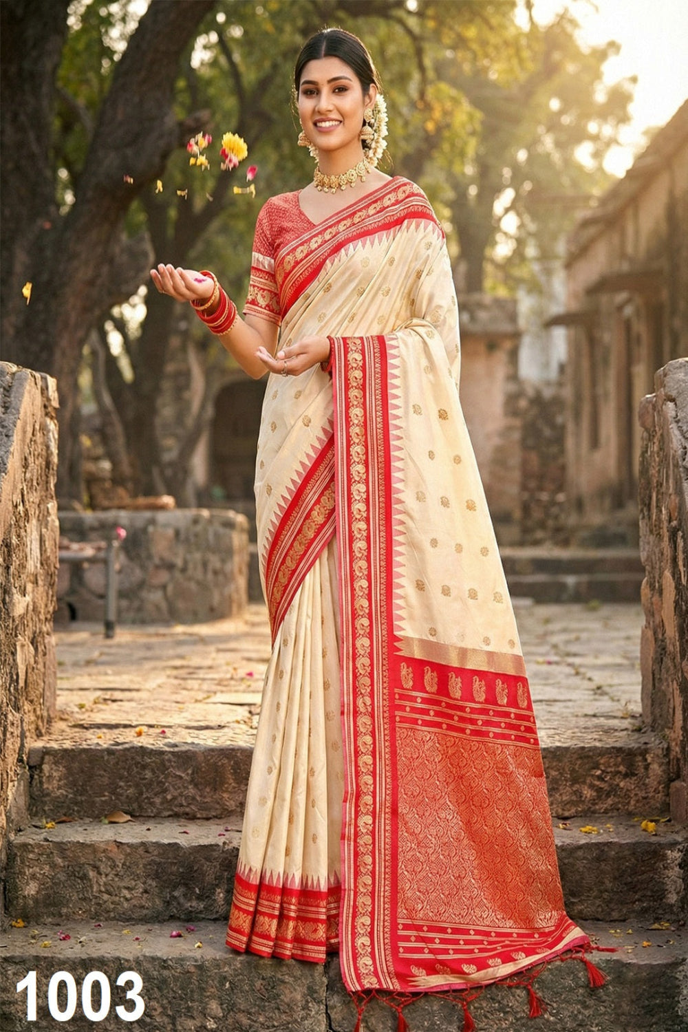 Ivory Cream Traditional Saree with Red Temple Border & Zari Weaving