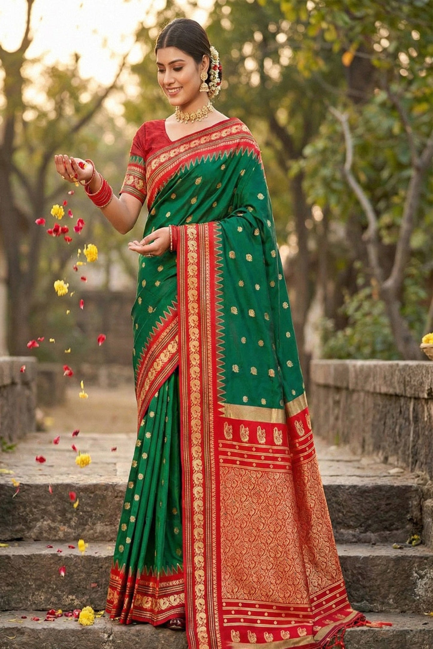 Green Banarasi Silk Saree with Red Zari Border