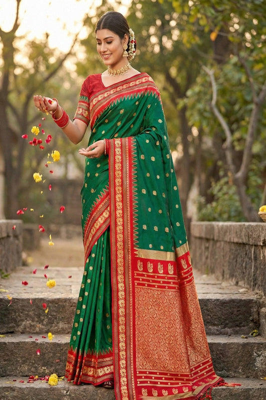 Green Banarasi Silk Saree with Red Zari Border