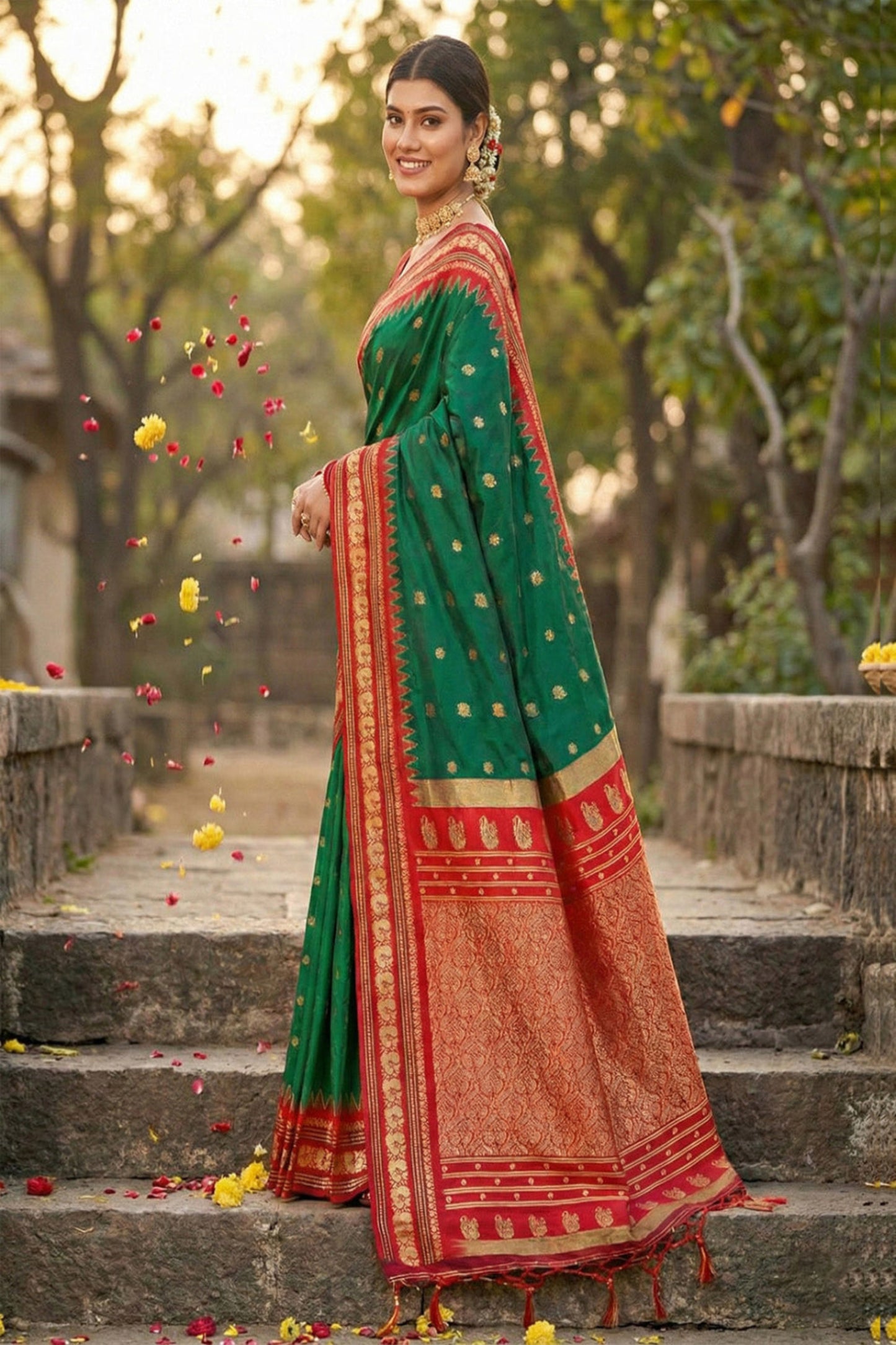 Green Banarasi Silk Saree with Red Zari Border