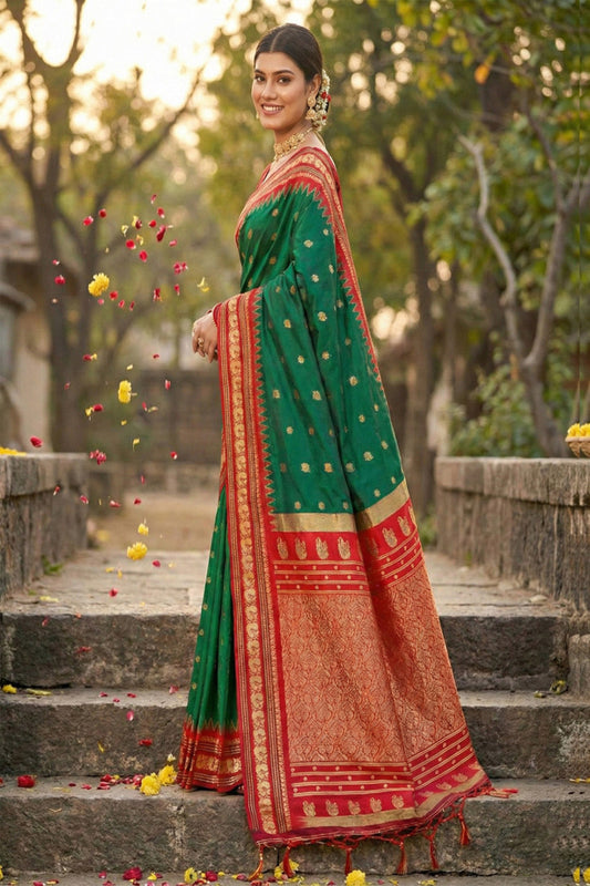 Green Banarasi Silk Saree with Red Zari Border
