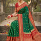 Green Banarasi Silk Saree with Red Zari Border