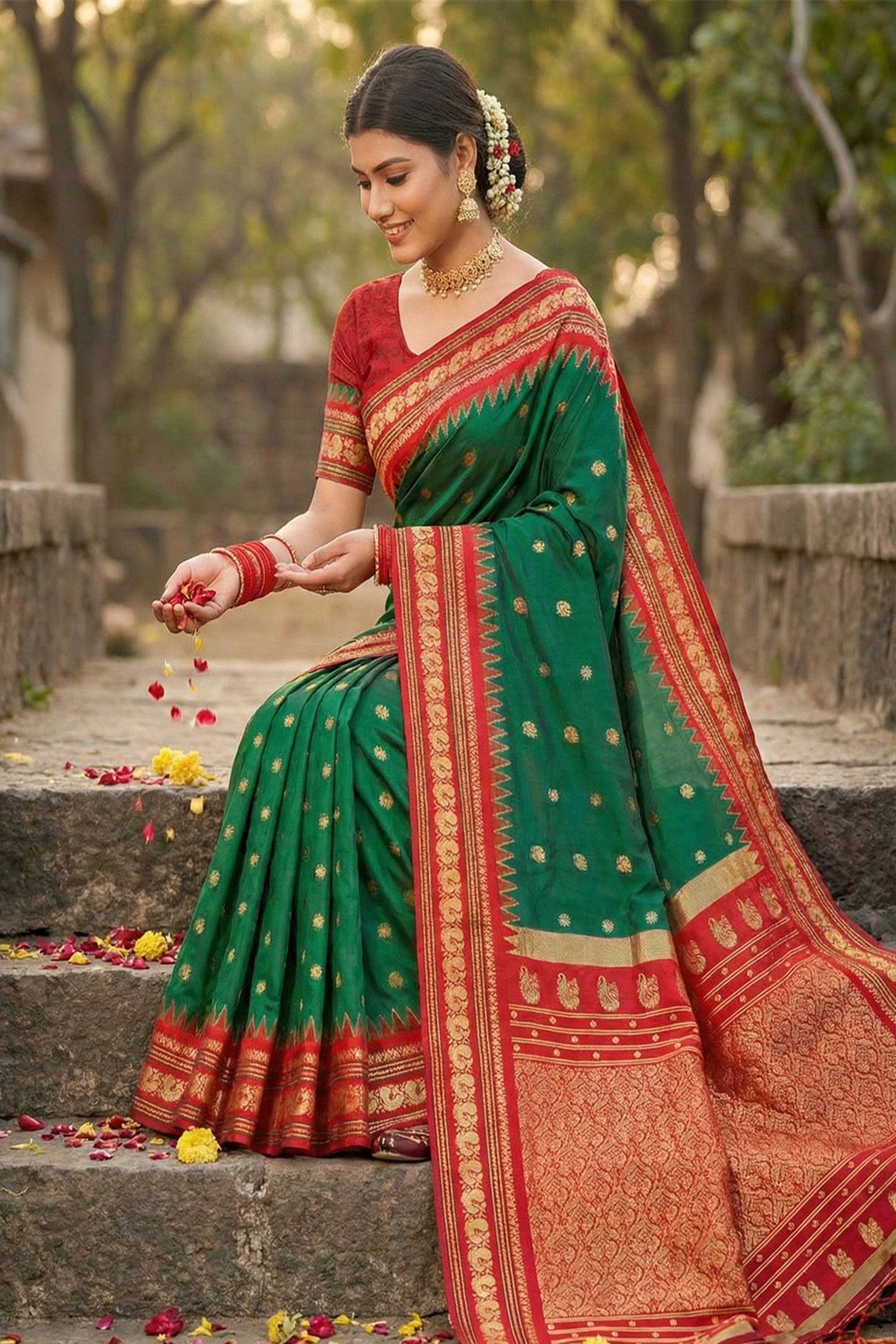 Green Banarasi Silk Saree with Red Zari Border