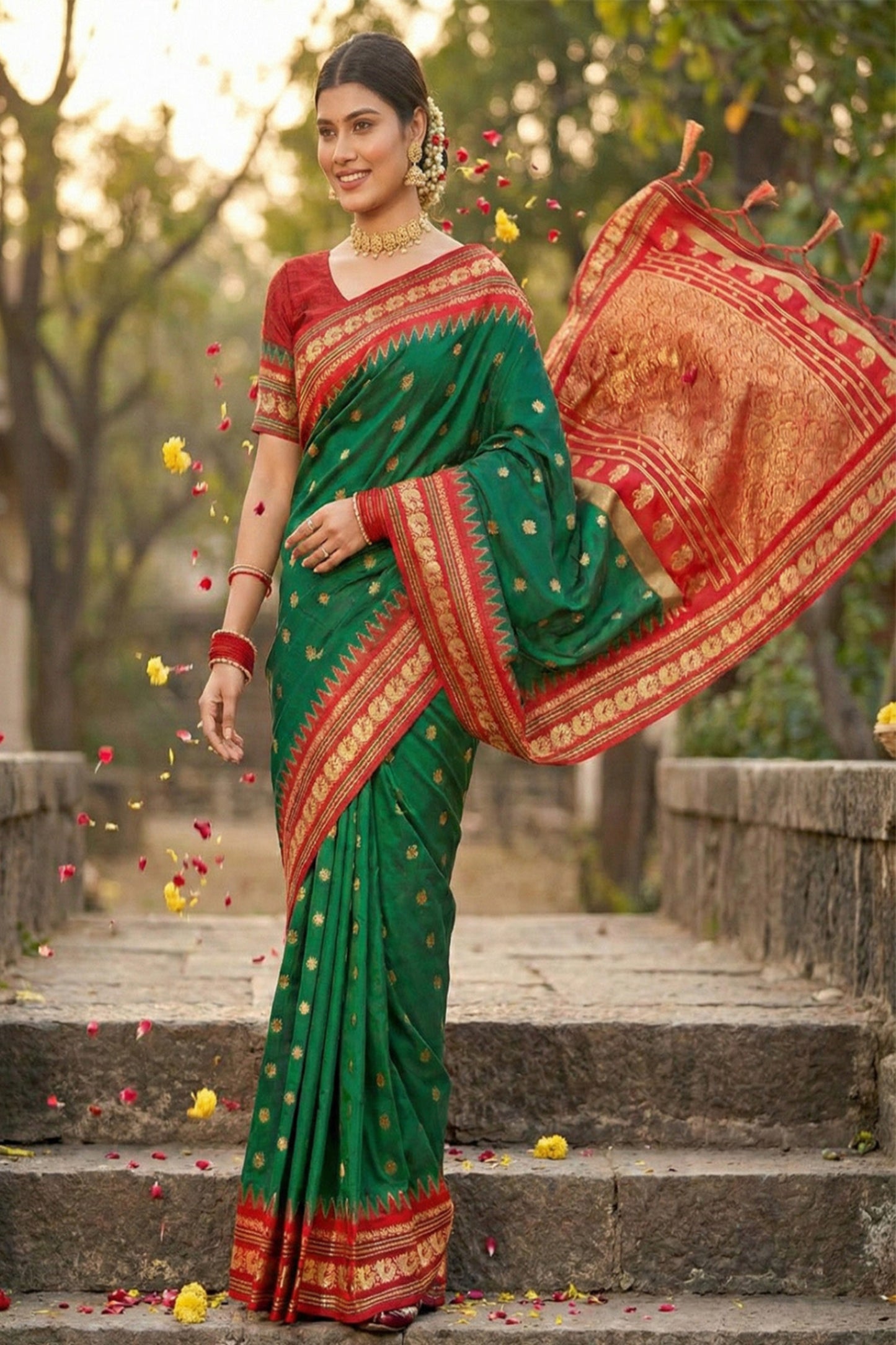Green Banarasi Silk Saree with Red Zari Border